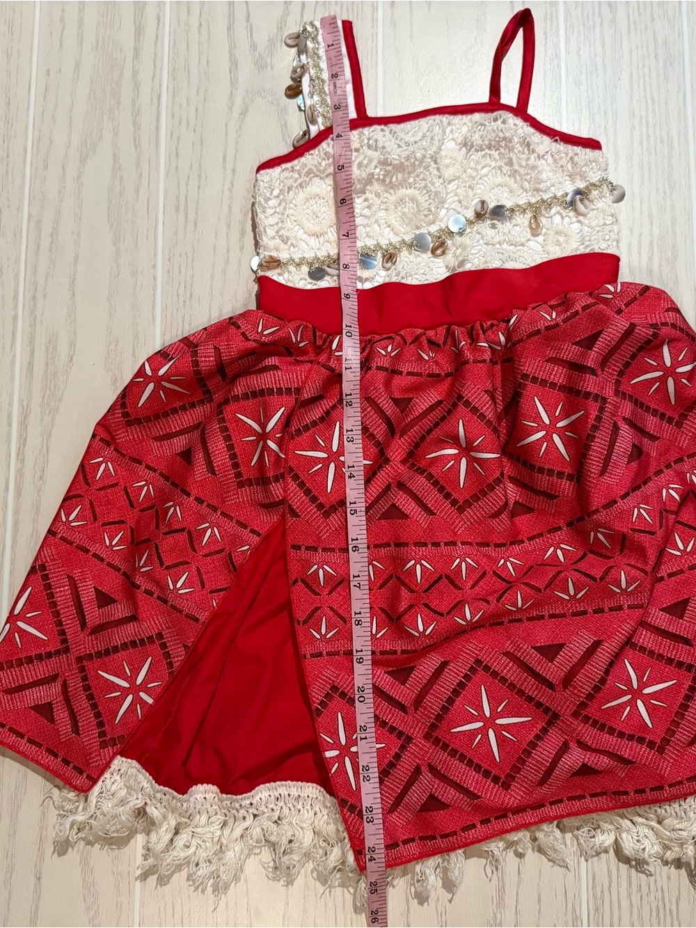 Moana Inspired Girls Costume Dress Size 120 5/6 Red White Fringe Beaded - Picture 10 of 14